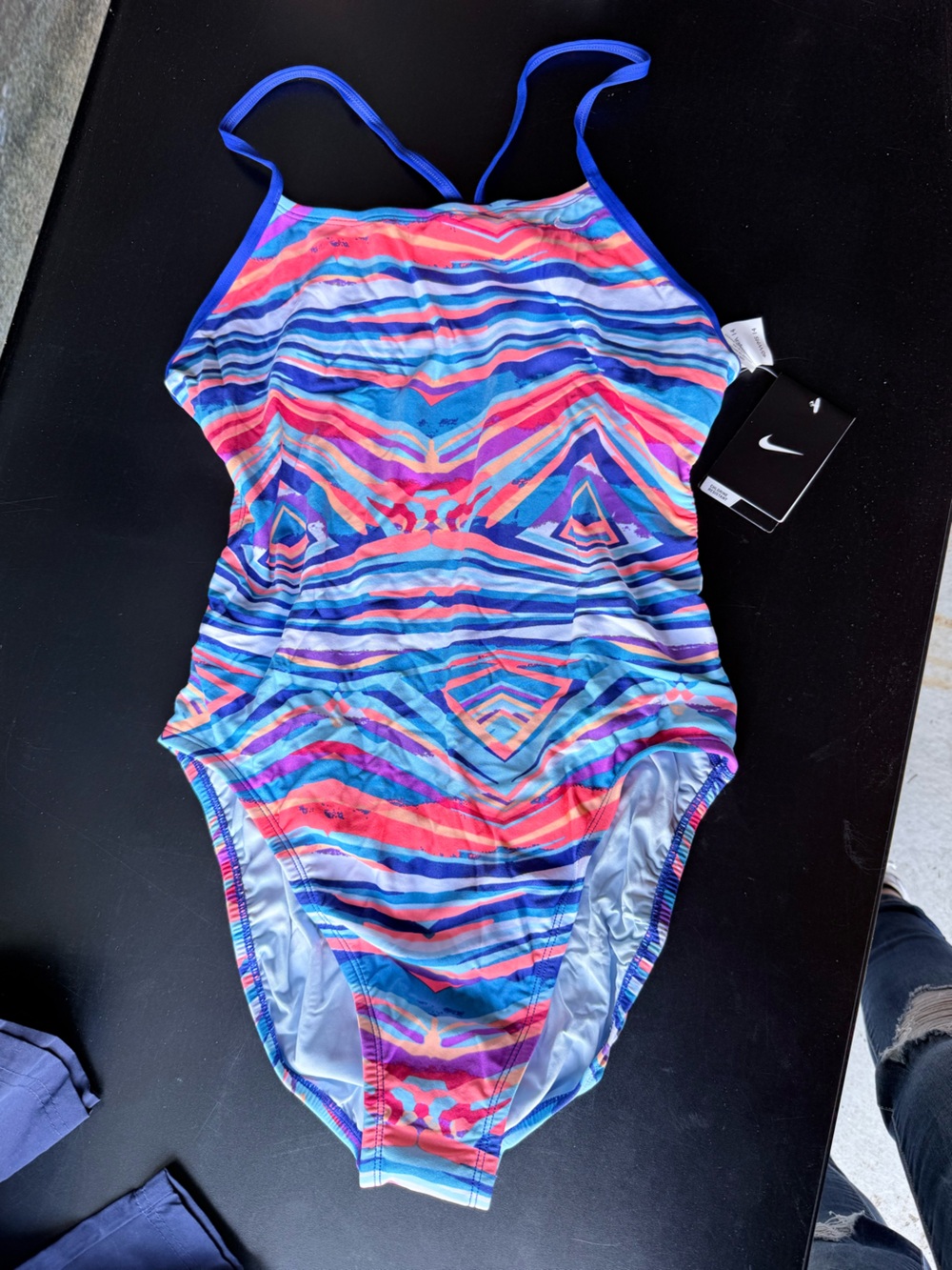 Nike Blue Trim Multicolor Striped One-Piece
